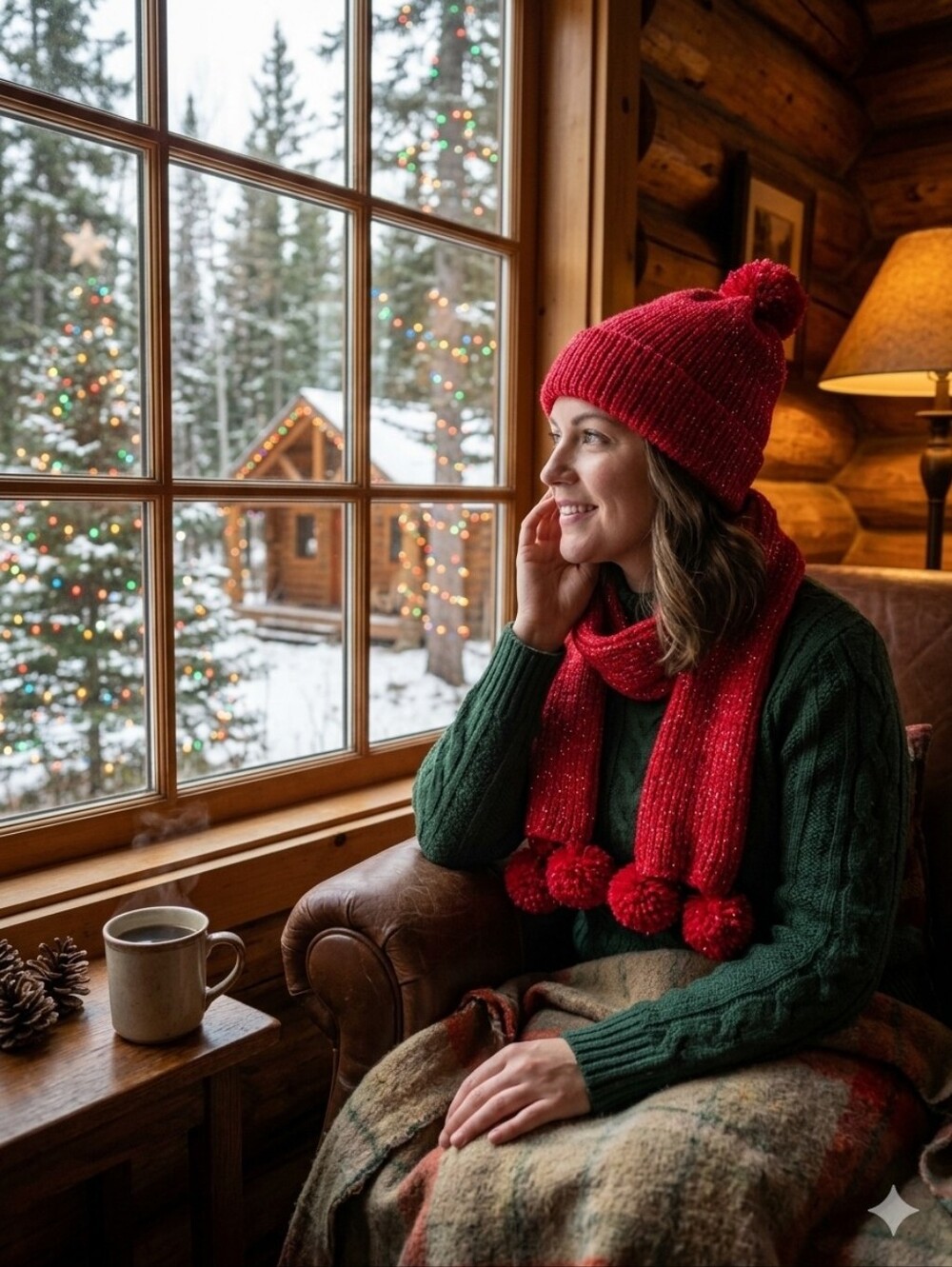 Cozy Red Pom-Pom Knit Hat and Scarf Both Set